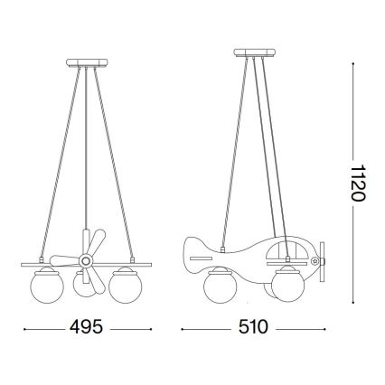 Závesné svietidlo v tvare lietadla s tromi guľatými tienidlami visí zo stropu. Rozmery: šírka 495/510 mm, výška 1120 mm.