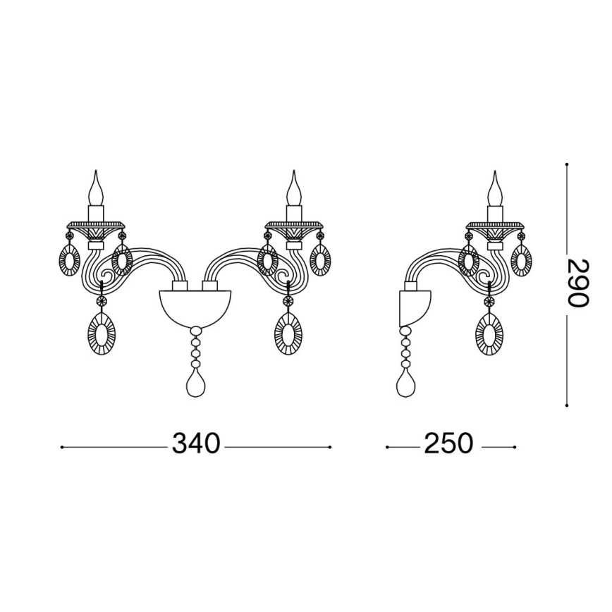 Dvojramenná nástenná lampa s dvoma sviečkami a krištáľovými príveskami. Šírka 340 mm a výška 290 mm. Druhá verzia s jedným ramenom, šírka 250 mm.