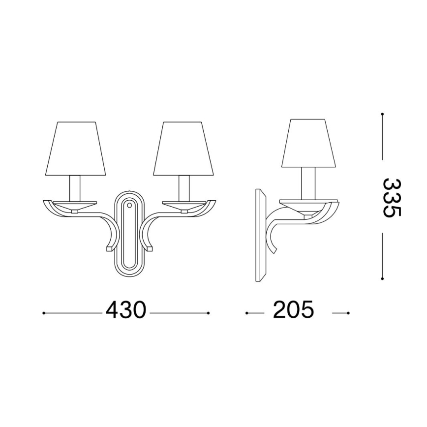 Dvojramenná nástenná lampa s textilnými tienidlami je zobrazená v čelnom a bočnom pohľade. Šírka 430 mm, výška 335 mm, hĺbka 205 mm.