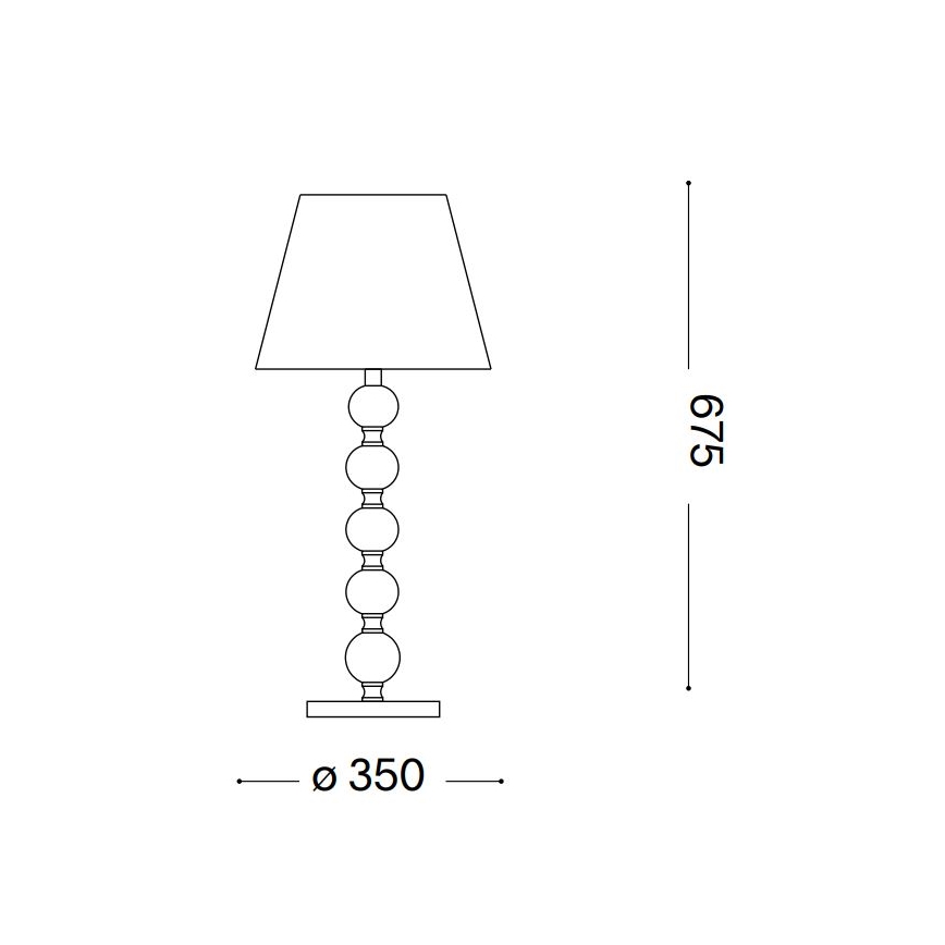 Stolová lampa s tienidlom stojí na podstavci. Noha lampy je zdobená niekoľkými guľami. Výška lampy je 675, priemer podstavca 350.