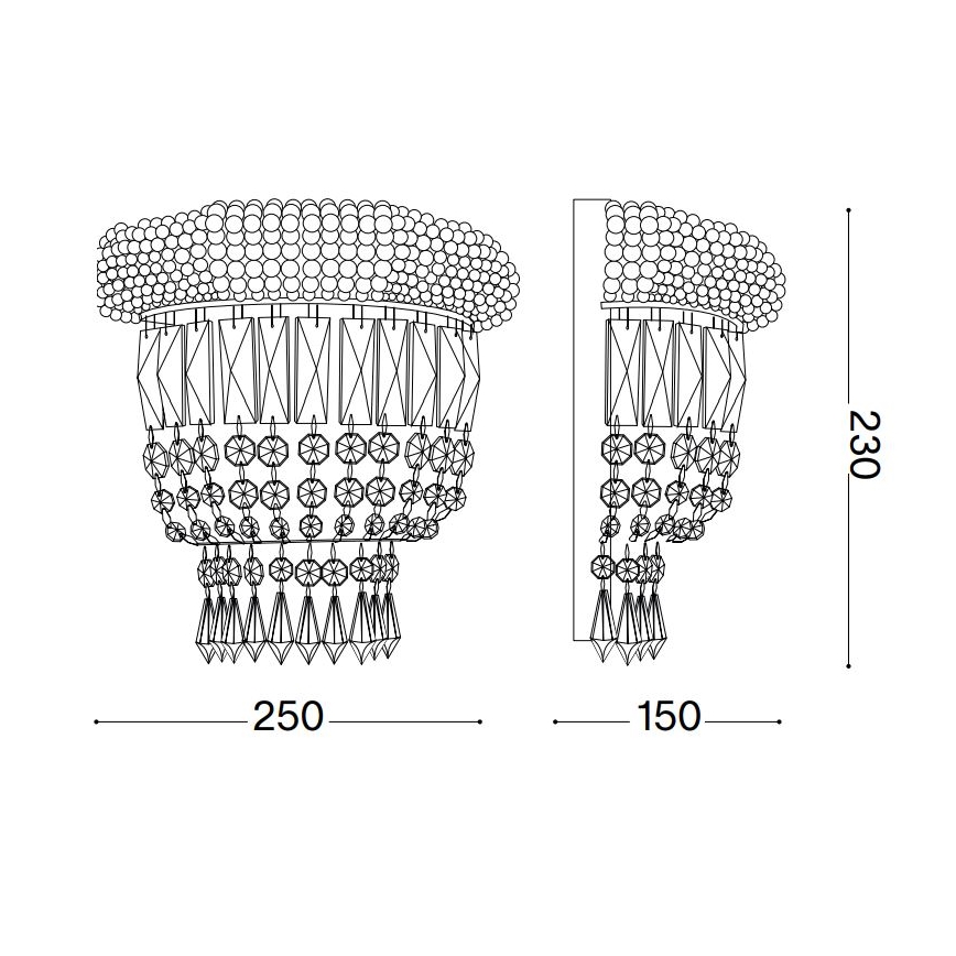 Nástená lampa, tvarovaná z guľôčok a geometrických prvkov, je znázornená v čelnom a bočnom pohľade s rozmermi 250 x 230 mm a 150 x 230 mm.
