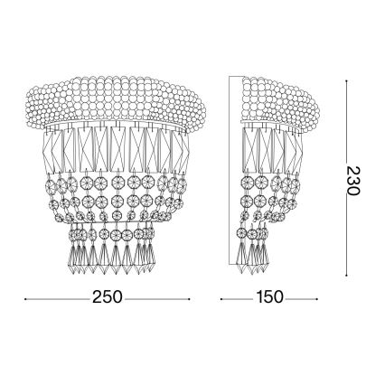Nástená lampa je zobrazená v čelnom a bočnom pohľade s rozmermi 250 x 230 mm a 150 x 230 mm. Lampa je zdobená mnohými guľôčkami a kryštálmi v tvare kosoštvorcov a mnohohranov.