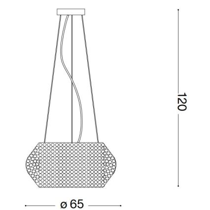 Závesné svietidlo s hexagonálnym tienidlom z perforovaného materiálu visí zo stropu na troch kábloch. Rozmery: výška 120 cm, priemer tienidla 65 cm.