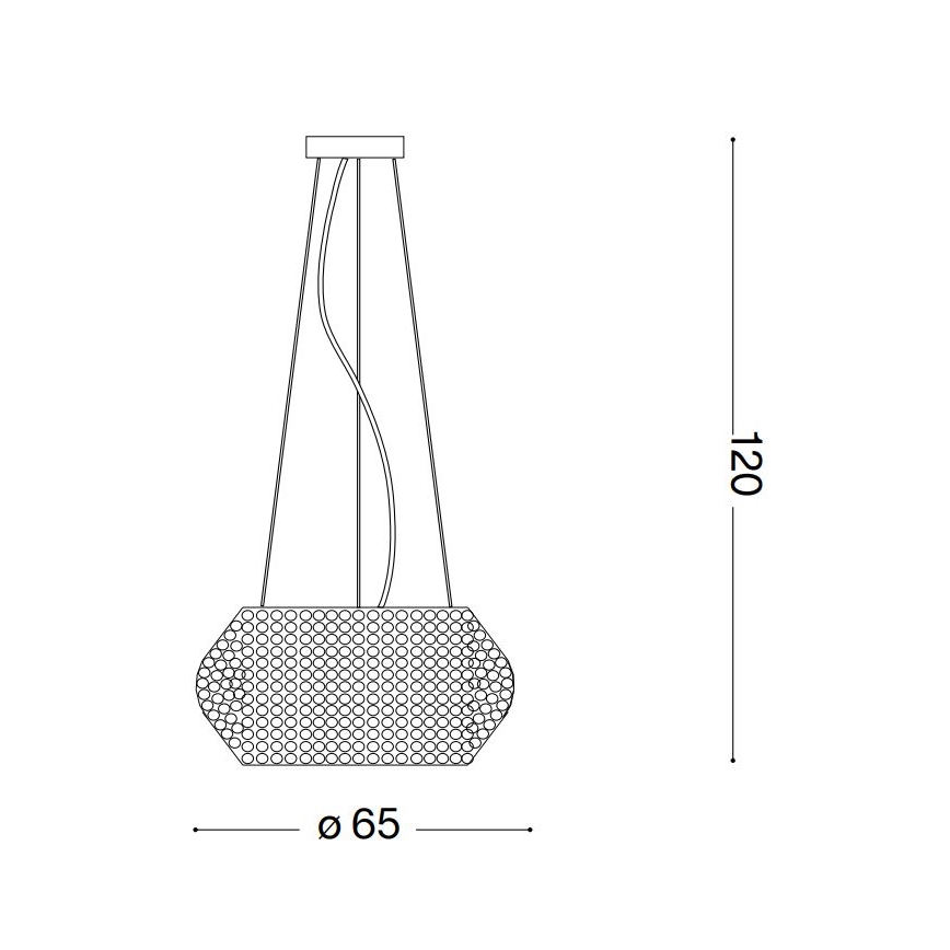 Závesné svietidlo s hexagonálnym tienidlom z perforovaného materiálu visí zo stropu na troch kábloch. Rozmery: výška 120 cm, priemer tienidla 65 cm.