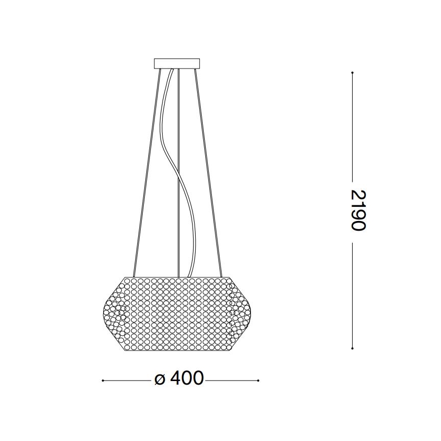 Závesné svietidlo s hexagónovým tienidlom s perforáciou visí zo stropu. Tienidlo má priemer 400 mm a celková výška svietidla je 2190 mm.