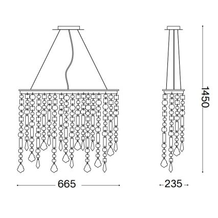 Dve lustre visia zo stropu; jedna obdĺžniková, druhá úzka, obe zdobené visiacimi kryštálikmi rôznych tvarov. Rozmery: širšia 665 mm, užšia 235 mm, výška 1450 mm.