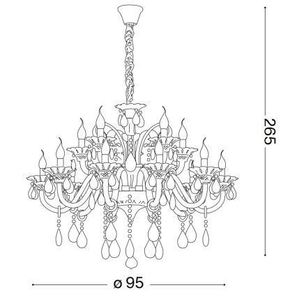 Dvanásťramenný luster visí zo stropu. Má ozdobné ramená, kabošóny a visiace kryštály. Rozmery: priemer 95 cm, výška 265 cm.