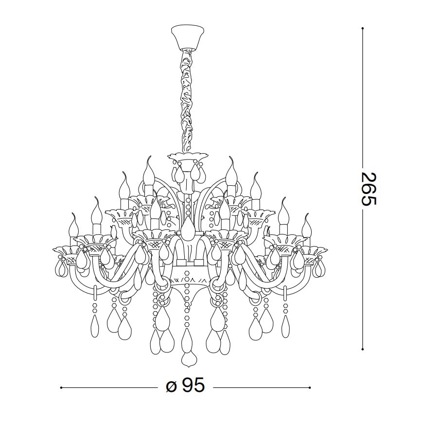 Dvanásťramenný luster visí zo stropu. Má ozdobné ramená, kabošóny a visiace kryštály. Rozmery: priemer 95 cm, výška 265 cm.