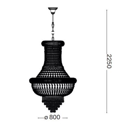 Čierny lustr visí zo stropu. Má tvar zvona, priemer 800 mm a výšku 2250 mm. Je zdobený mnohými drobnými guličkami.