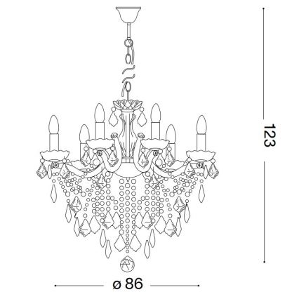 Lustr s piatimi svietidlami visí zo stropu. Je zdobený krištáľovými príveskami. Rozmery: priemer 86 cm, výška 123 cm.