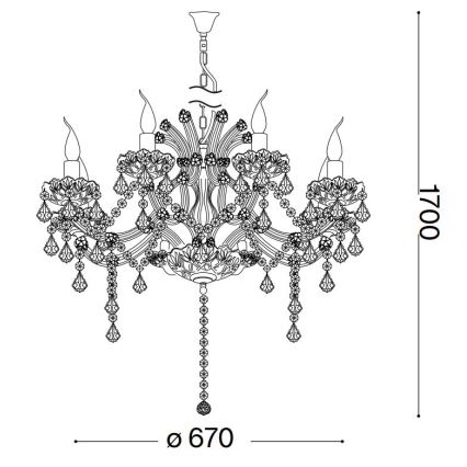 Lustr s piatimi ramenami a kryštáľovými príveskami visí zo stropu. Má dekoratívne prvky v tvare kvetov. Rozmery: priemer 670 mm, výška 1700 mm.
