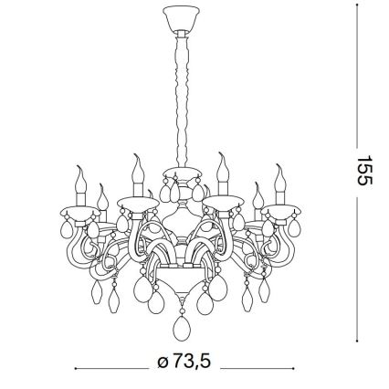 Luster visí zo stropu. Je zdobený mnohými krištáľovými ozdobami a má osem sviečok. Celková výška je 155 cm a priemer 73,5 cm.