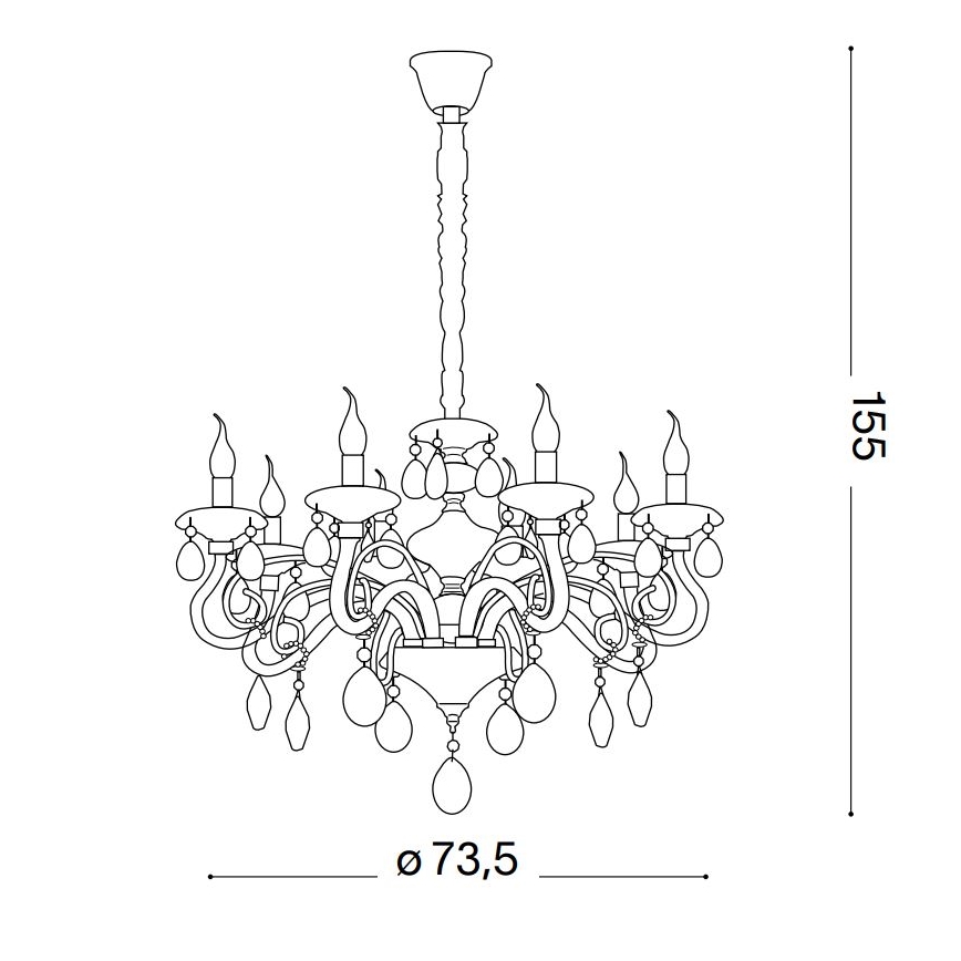 Luster visí zo stropu. Je zdobený mnohými krištáľovými ozdobami a má osem sviečok. Celková výška je 155 cm a priemer 73,5 cm.
