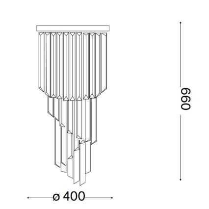 Nástenna lampa visí. Skladá sa z mnohých vertikálnych sklenených prvkov rôznych dĺžok usporiadaných kaskádovito. Šírka je 400 mm, výška 690 mm.