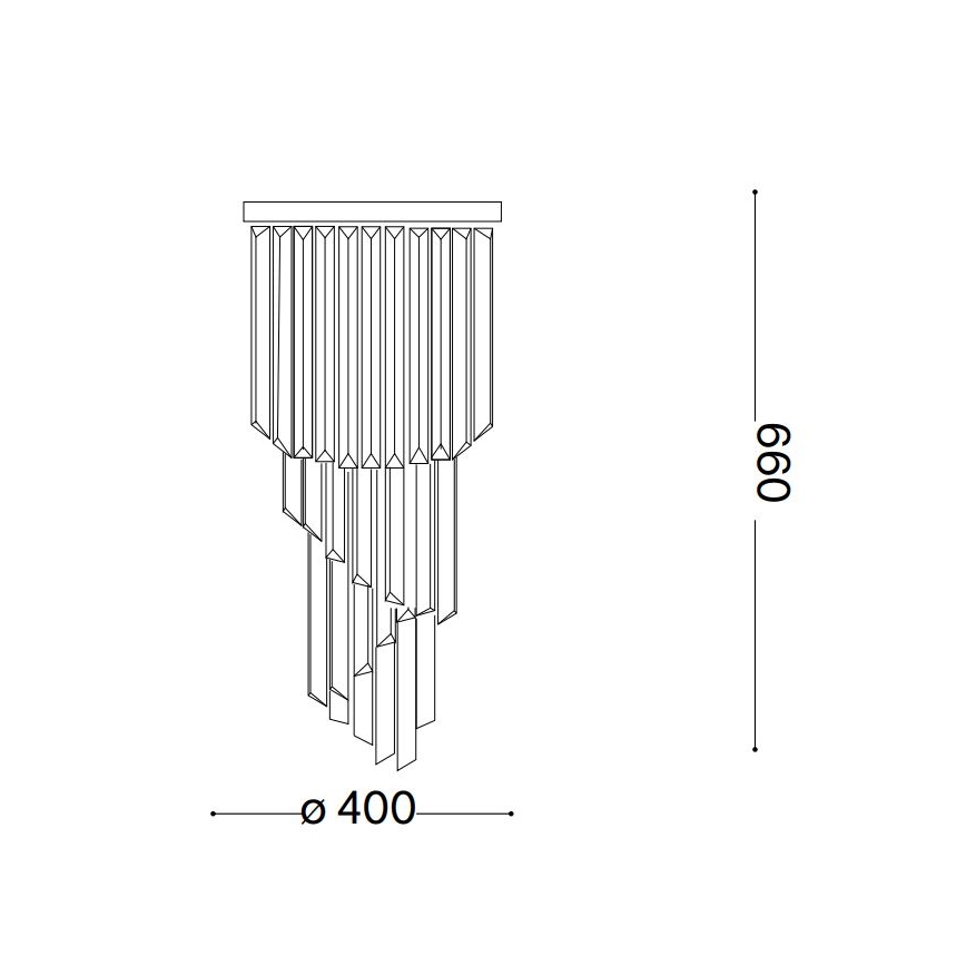 Nástenna lampa visí. Skladá sa z mnohých vertikálnych sklenených prvkov rôznych dĺžok usporiadaných kaskádovito. Šírka je 400 mm, výška 690 mm.