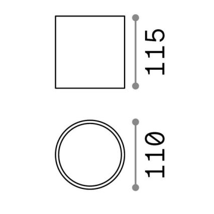 Štvorec a kruh s rozmermi 115 a 110. Štvorec a kruh sú znázornené s priemerom/stranou.