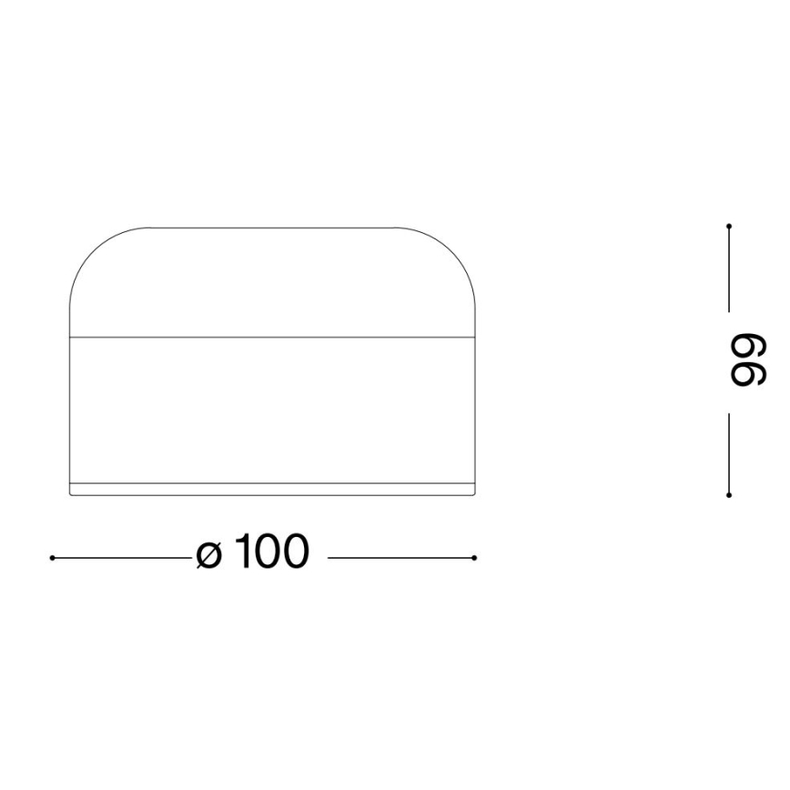 Technický výkres zobrazuje valcový predmet s polguľovitým vrchnákom. Priemer je 100 mm, výška 99 mm.