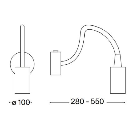 Dve nástenné lampy; jedna priamo, druhá s ohybným ramenom dlhým 280-550 mm, priemer základne 100 mm. Obidve majú štvorcový tvar základne a cylindrický zdroj svetla.