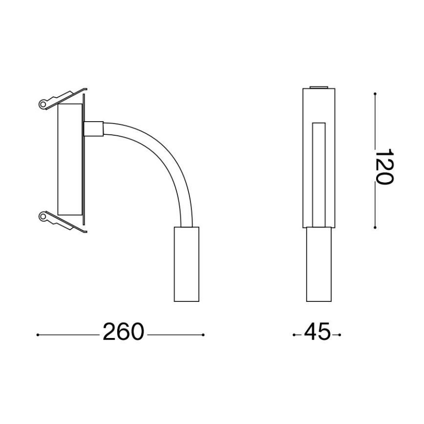 Technický výkres znázorňuje nástennú lampu. Lampa sa skladá z kruhového telesa s pripevnením na stenu, ohnutého ramena a valcového tienidla. Rozmery: 260 mm a 45 mm. Výška tienidla je 120 mm.