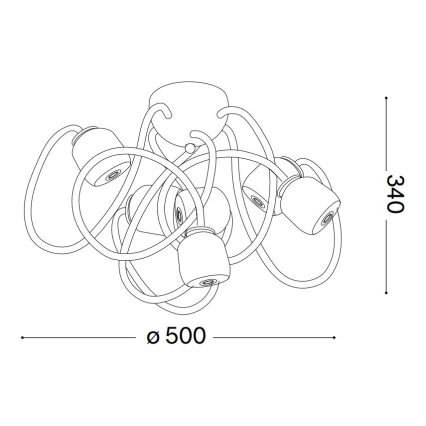 Stropné svietidlo so štyrmi tienidlami sa vznáša v prepletených drôtoch. Svietidlo má priemer 500 mm a výšku 340 mm.