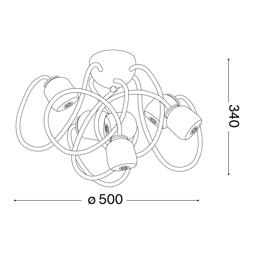 Stropné svietidlo so štyrmi tienidlami sa vznáša v prepletených drôtoch. Svietidlo má priemer 500 mm a výšku 340 mm.