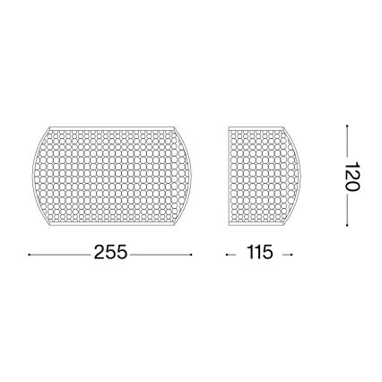 Technický výkres zobrazuje dva obdĺžnikové panely s polkruhovým zakončením, perforované malými otvormi. Rozmery: 255 x 120 mm a 115 x 120 mm.