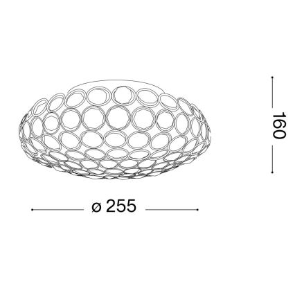 Svietidlo s priemerom 255 mm a výškou 160 mm je zobrazené zhora. Má plochý, miskovitý tvar s mnohými kruhovými otvormi.