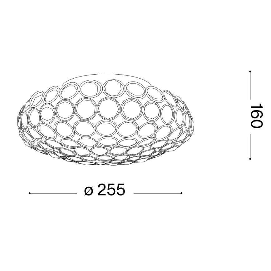 Svietidlo s priemerom 255 mm a výškou 160 mm je zobrazené zhora. Má plochý, miskovitý tvar s mnohými kruhovými otvormi.