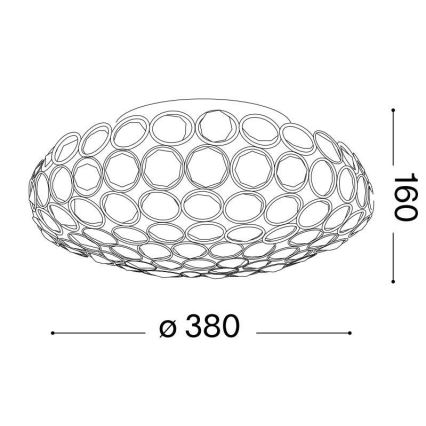 Svietidlo s priemerom 380 mm a výškou 160 mm je zložené z mnohých prepletených kruhov. Je určené na strop.