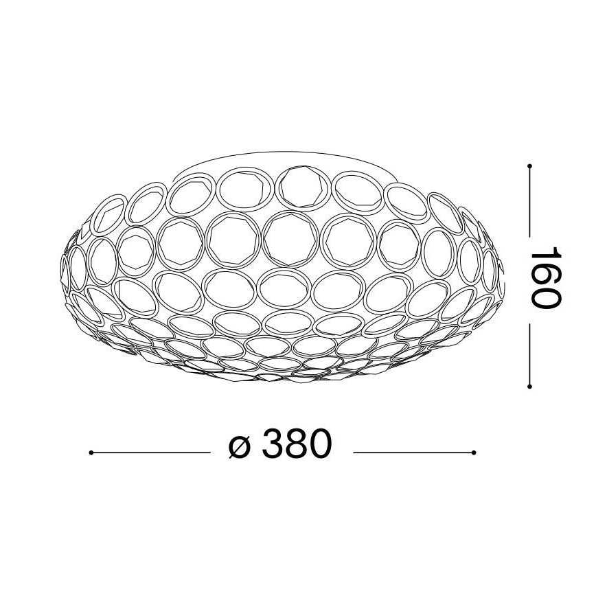 Svietidlo s priemerom 380 mm a výškou 160 mm je zložené z mnohých prepletených kruhov. Je určené na strop.