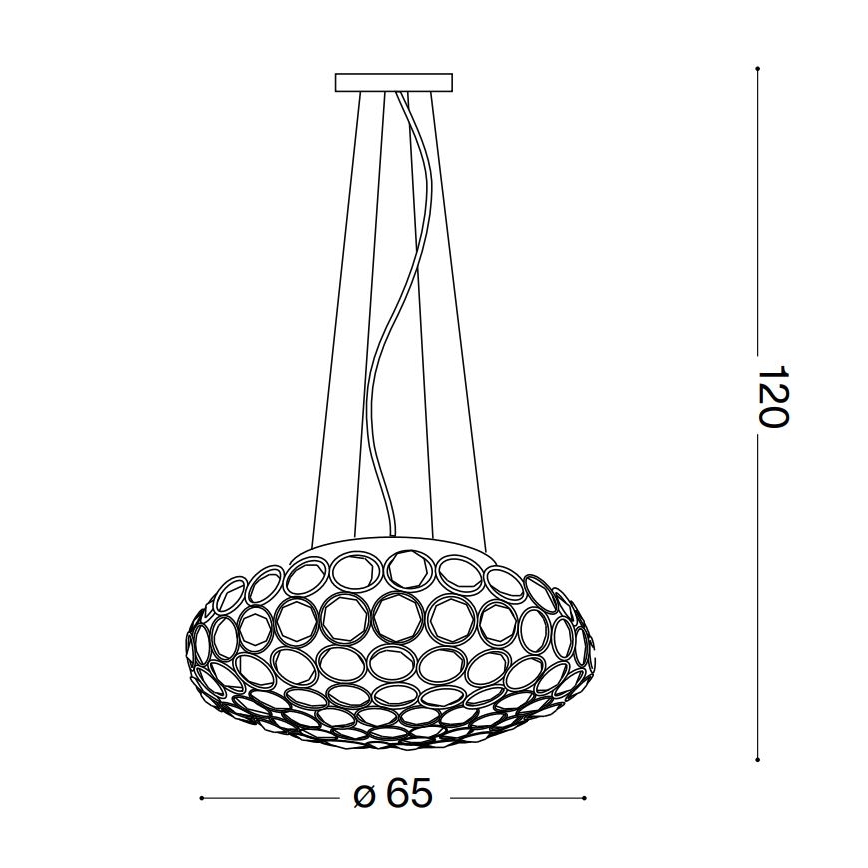 Závesné svietidlo s kruhovým tienidlom zloženým z mnohých prekrývajúcich sa kruhov visí zo stropu na kábloch. Priemer tienidla je 65 cm, celková výška 120 cm.