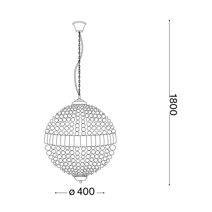 Guľové svietidlo visí zo stropu na reťazi. Priemer svietidla je 400 mm, celková výška 1800 mm. Svietidlo je tvorené mnohými malými guličkami.