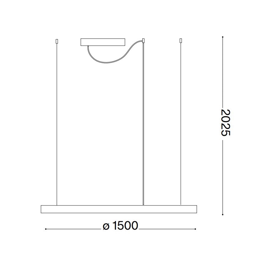 Závesné svietidlo s tromi vertikálnymi káblami a vodorovnou lištou o šírke 1500 mm visí zo stropu. Súčasťou je aj menšie, pripevnené svetlo. Celková výška je 2025 mm.