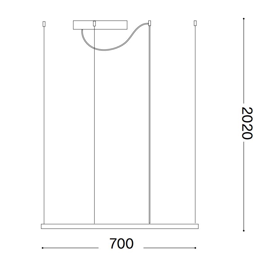 Technický výkres zobrazuje závesné svietidlo s tromi rovnobežnými káblami, zakončené obdĺžnikovou lištou (700 mm) a hornou časťou s krivkou. Celková výška svietidla je 2020 mm.