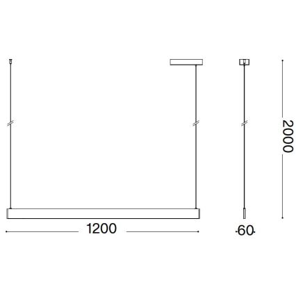 Technický výkres stropného svietidla s rozmermi 1200 x 60 x 2000 mm. Svietidlo je zavesené na kábloch. Výkres ukazuje tri varianty umiestnenia.