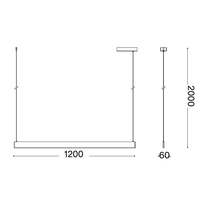 Technický výkres stropného svietidla s rozmermi 1200 x 60 x 2000 mm. Svietidlo je zavesené na kábloch. Výkres ukazuje tri varianty umiestnenia.