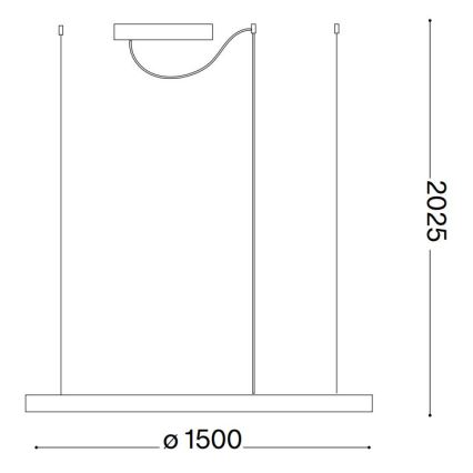 Technický výkres zobrazuje trojramenné závesné svietidlo. Svietidlo má tri zavesené káble a horizontálny podlhovastý svetelný zdroj. Rozmery: dĺžka 1500 mm, výška 2025 mm.