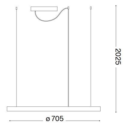 Technický výkres stropného svietidla s tromi zaveseniami, jedným dlhším a dvoma kratšími, doplnený o malý bočný svetelný zdroj. Svietidlo má rozmery 705 mm x 2025 mm.
