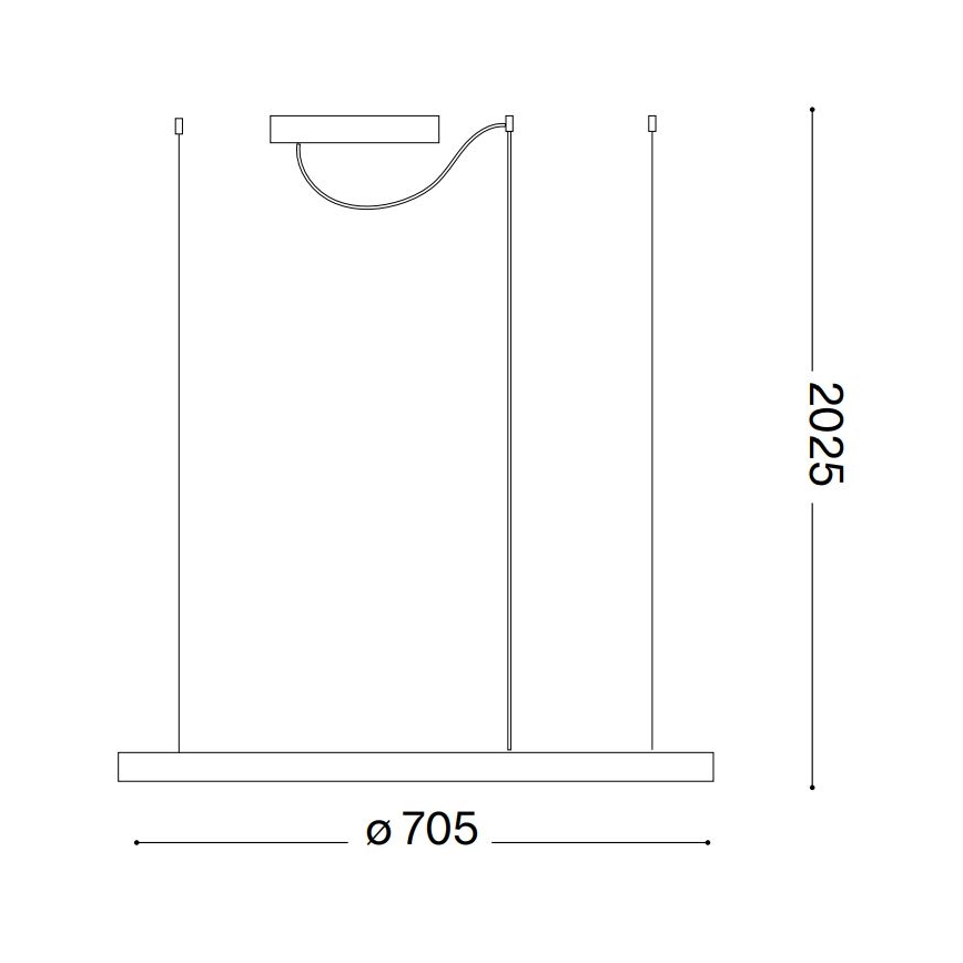 Technický výkres stropného svietidla s tromi zaveseniami, jedným dlhším a dvoma kratšími, doplnený o malý bočný svetelný zdroj. Svietidlo má rozmery 705 mm x 2025 mm.