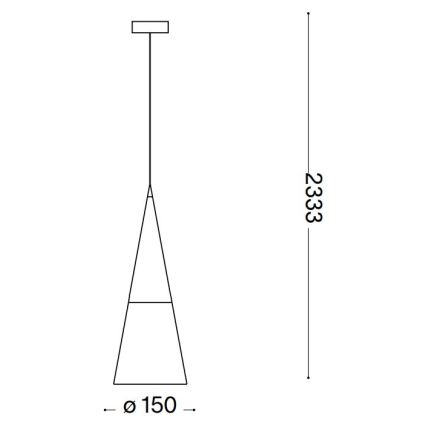 Závesné svietidlo v tvare trojuholníka visí zo stropu. Svietidlo má priemer 150 mm a celkovú výšku 2333 mm.