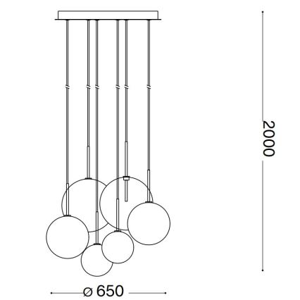 Technický výkres stropného svietidla zobrazuje šesť guľových tienidiel zavesených na rôznych výškach z jednej stropnej konzoly. Celková výška je 2000 mm, priemer základne je 650 mm.