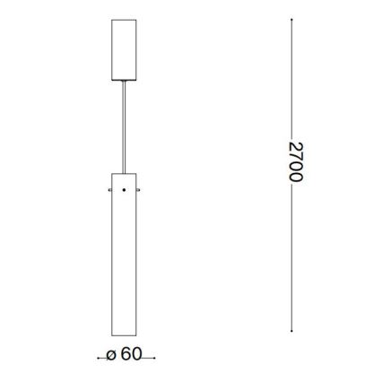 Technický výkres zobrazuje závesné svietidlo. Svietidlo pozostáva z dvoch valcových častí spojených tenkým drôtom, pričom horný valec je menší. Celková výška je 2700 mm, priemer spodného valca je 60 mm.