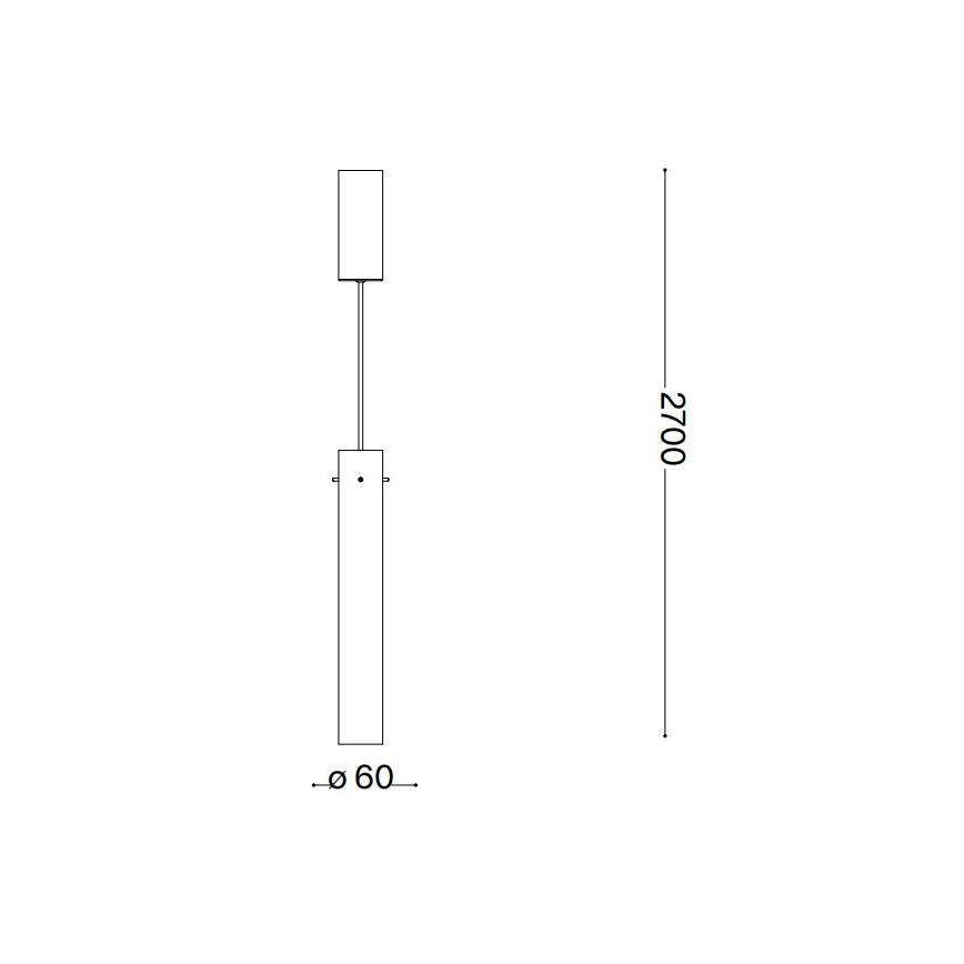 Technický výkres zobrazuje závesné svietidlo. Svietidlo pozostáva z dvoch valcových častí spojených tenkým drôtom, pričom horný valec je menší. Celková výška je 2700 mm, priemer spodného valca je 60 mm.