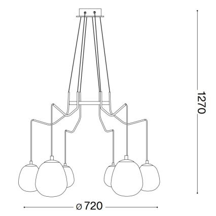 Technický nákres stropného svietidla s ôsmimi oválnymi tienidlami zavesenými na krivolakých ramenách. Svietidlo má rozmery 720 mm v priemere a 1270 mm na výšku.