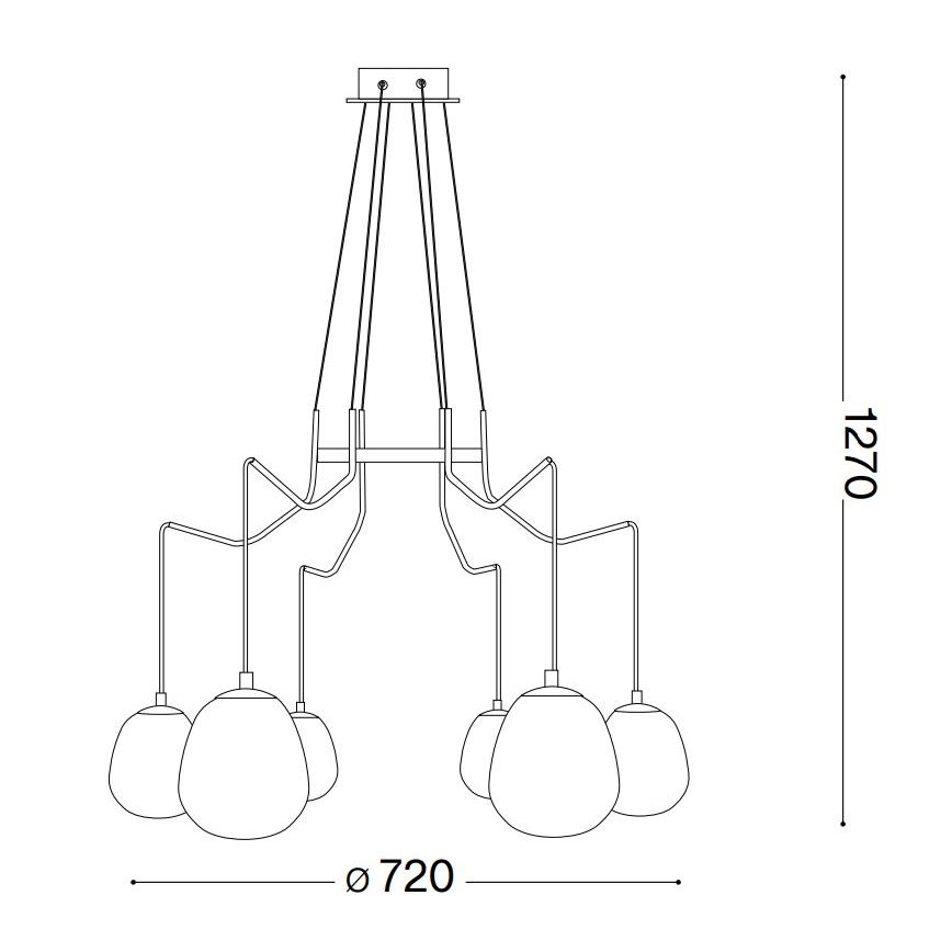 Technický nákres stropného svietidla s ôsmimi oválnymi tienidlami zavesenými na krivolakých ramenách. Svietidlo má rozmery 720 mm v priemere a 1270 mm na výšku.