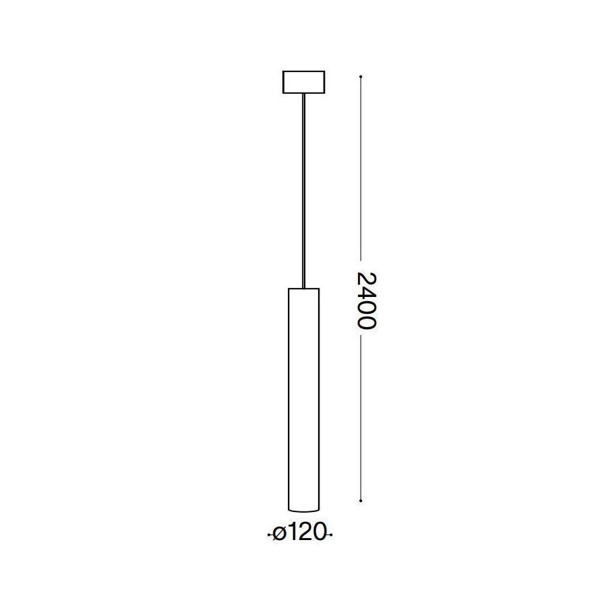 Závesné svietidlo visí zo stropu. Jeho telo je valcového tvaru s priemerom 120 mm a výškou 2400 mm. Na vrchu je štvorcový držiak.