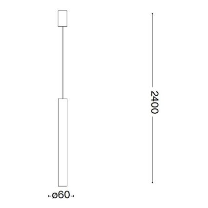 Závesné svietidlo visí zo stropu. Má štvorcový vrchný a valcový spodný diel s priemerom 60 mm. Celková výška je 2400 mm.