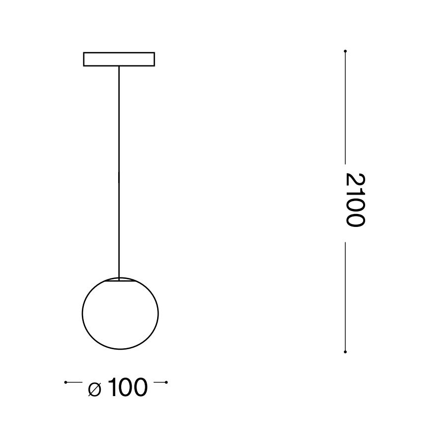 Závesné svietidlo s guľovou tienidlom o priemere 100 mm visí na 2100 mm dlhom káble z obdĺžnikového stropného úchytu.
