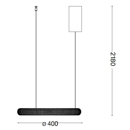 Dve závesné lampy s obdĺžnikovým a kruhovým tienidlom visia z dvoch káblov. Kruhové tienidlo má priemer 400 mm. Celková výška je 2180 mm.