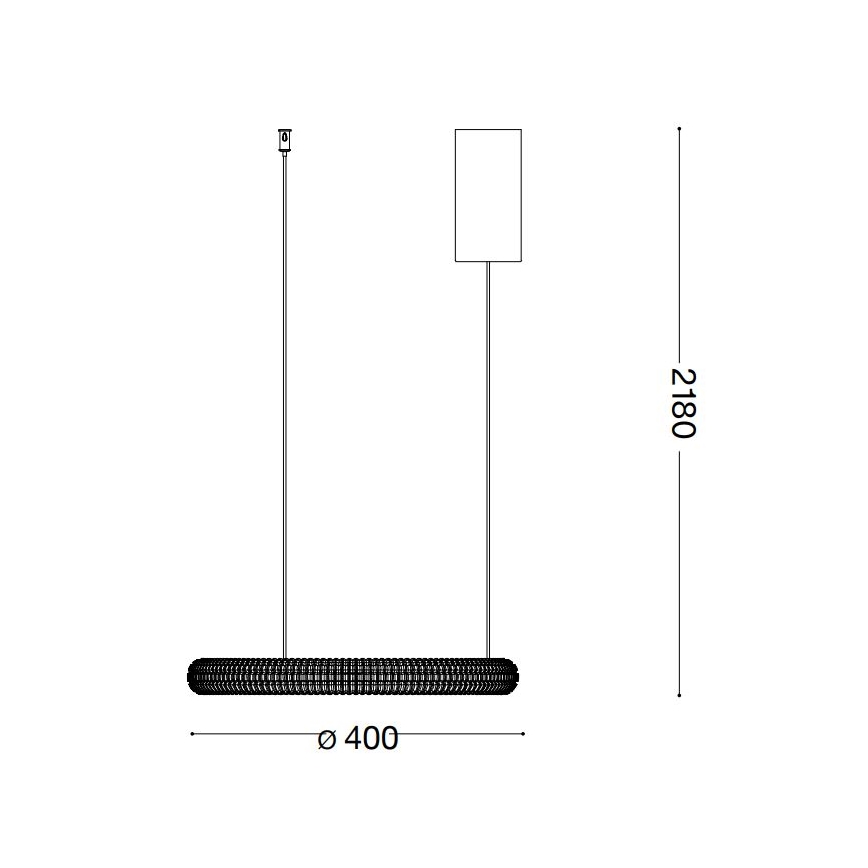 Dve závesné lampy s obdĺžnikovým a kruhovým tienidlom visia z dvoch káblov. Kruhové tienidlo má priemer 400 mm. Celková výška je 2180 mm.